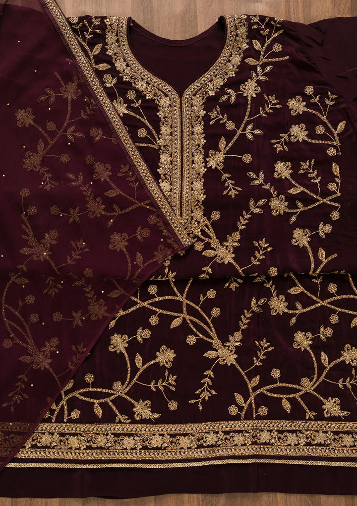 Wine Stonework Crepe Unstitched Salwar Kameez-Koskii