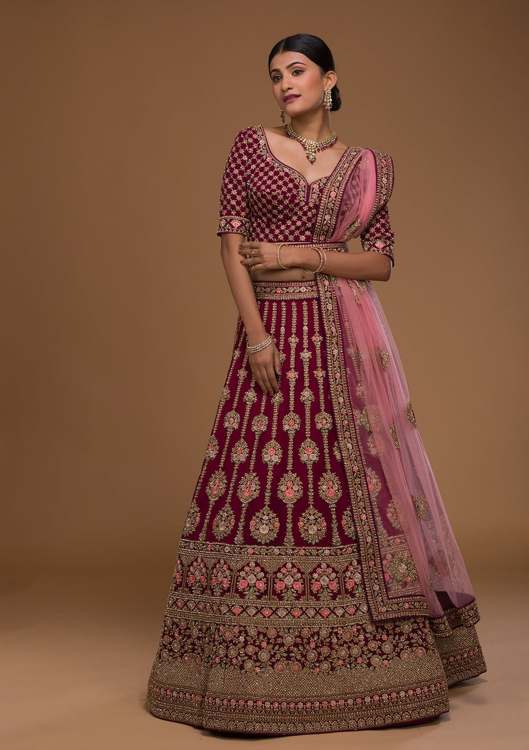 Wine Stonework Georgette Designer Lehenga-Koskii
