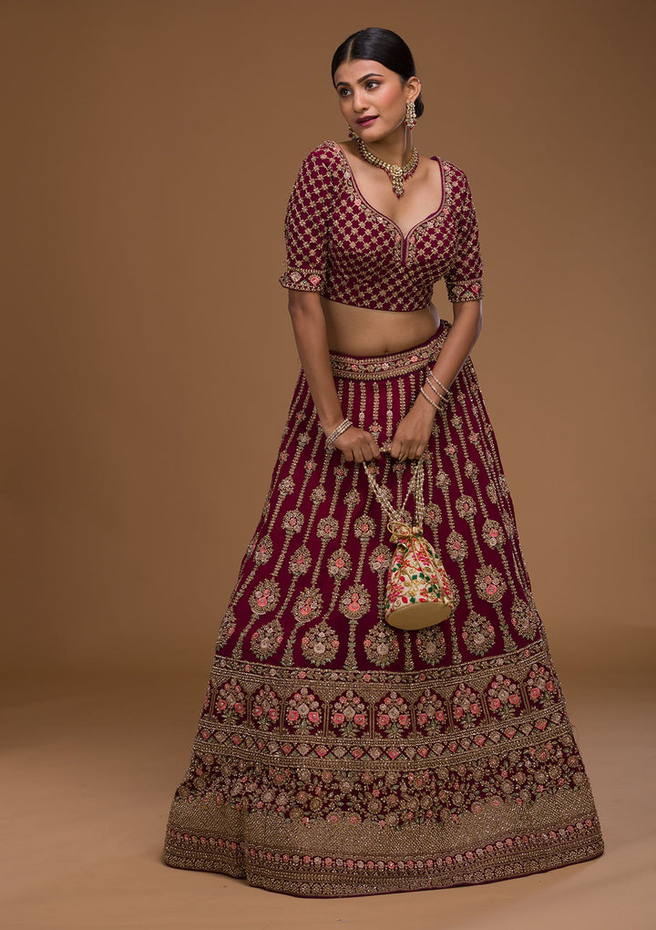 Wine Stonework Georgette Designer Lehenga-Koskii