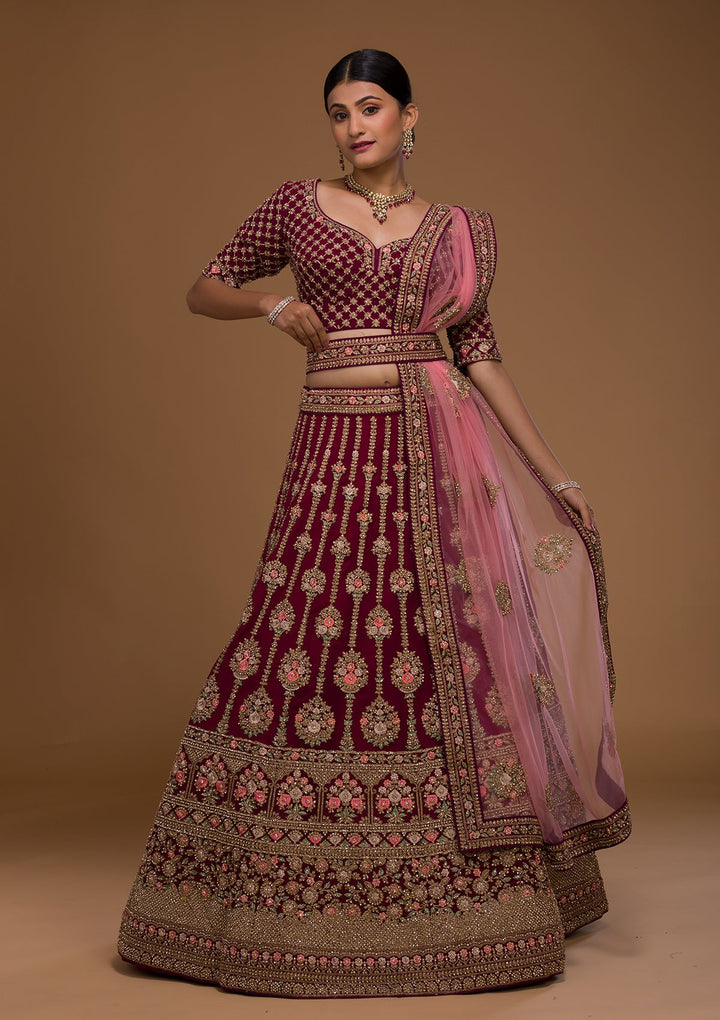 Wine Stonework Georgette Designer Lehenga-Koskii