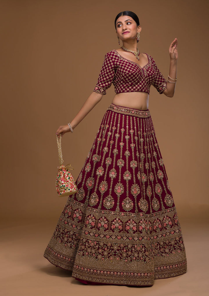 Wine Stonework Georgette Designer Lehenga-Koskii
