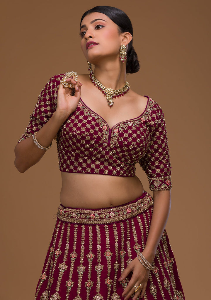 Wine Stonework Georgette Designer Lehenga-Koskii