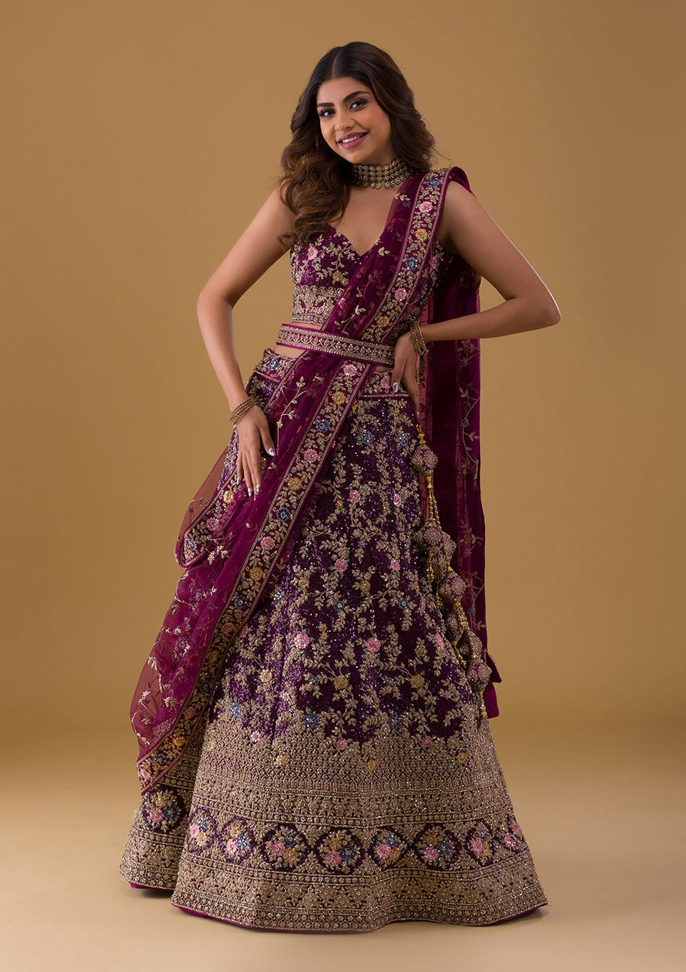 Wine Stonework Georgette Lehenga-Koskii