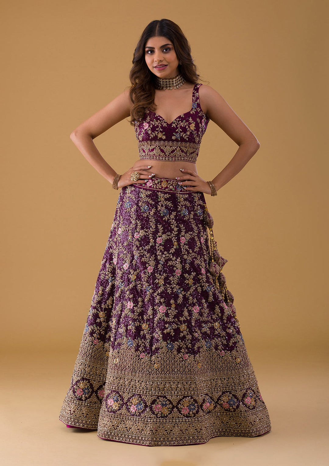 Wine Stonework Georgette Lehenga-Koskii