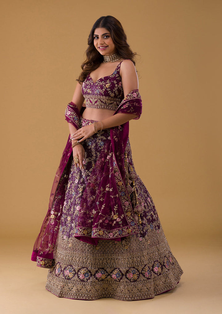 Wine Stonework Georgette Lehenga-Koskii