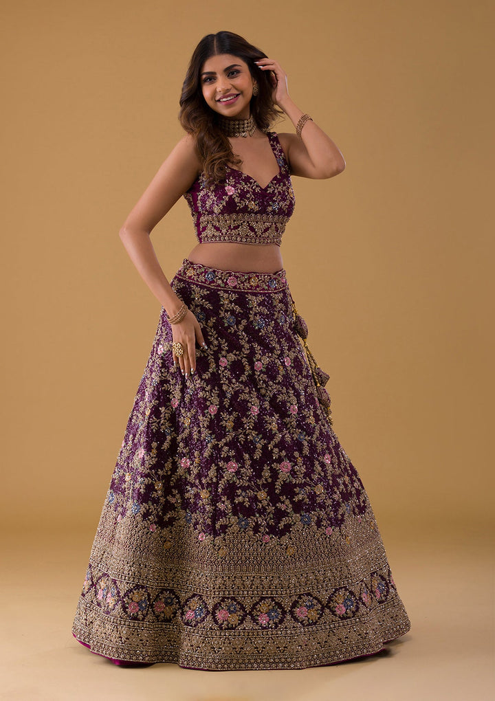 Wine Stonework Georgette Lehenga-Koskii