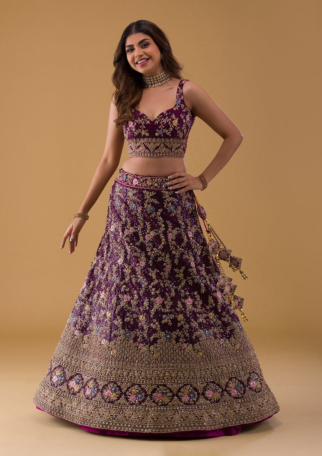 Wine Stonework Georgette Lehenga-Koskii