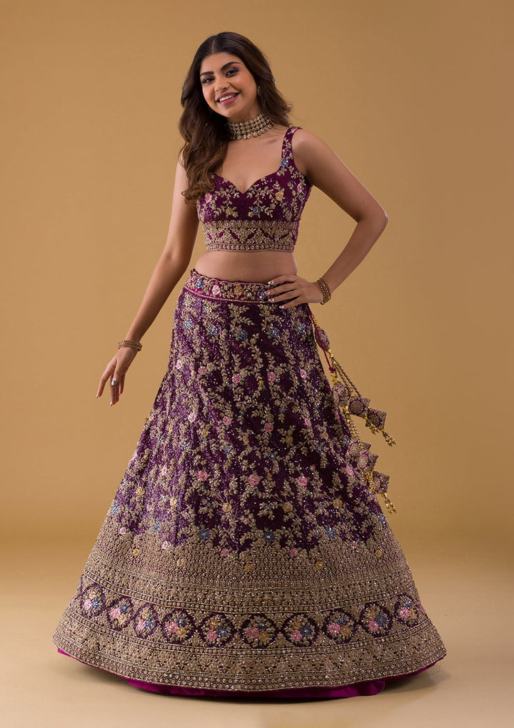 Wine Stonework Georgette Lehenga-Koskii