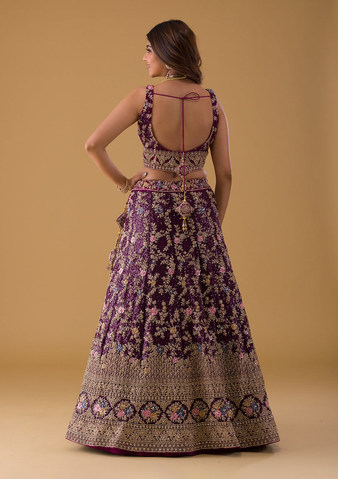 Wine Stonework Georgette Lehenga-Koskii