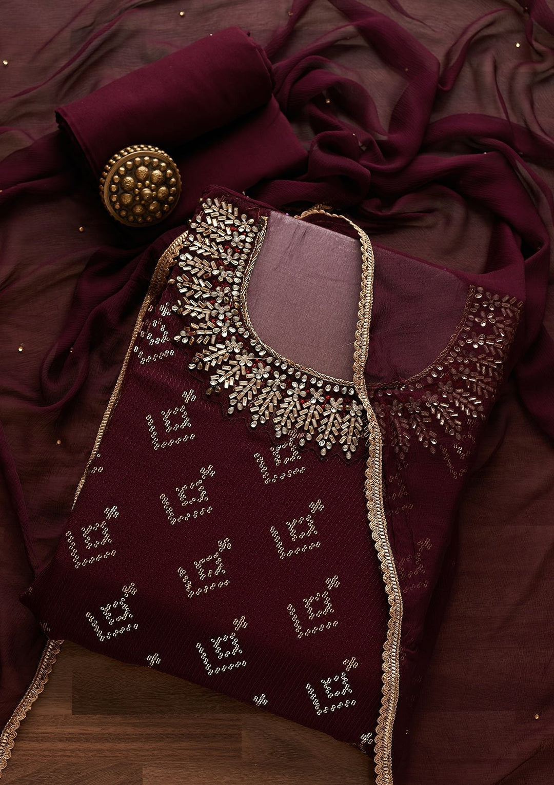 Wine Stonework Georgette Designer Unstitched Salwar Suit - Koskii