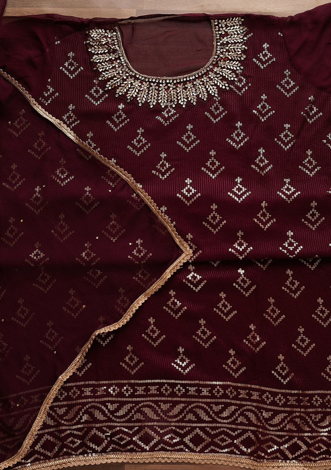 Wine Stonework Georgette Designer Unstitched Salwar Suit - Koskii
