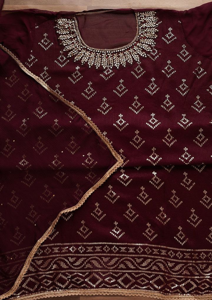 Wine Stonework Georgette Designer Unstitched Salwar Suit - Koskii