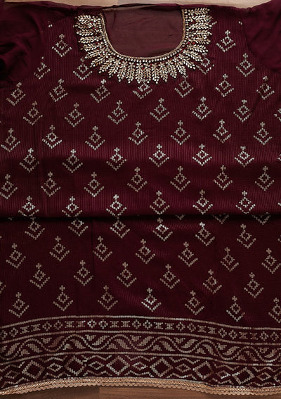 Wine Stonework Georgette Designer Unstitched Salwar Suit - Koskii