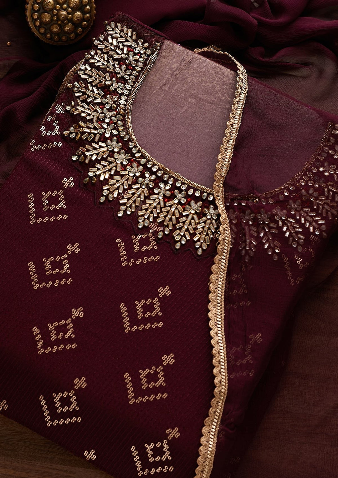 Wine Stonework Georgette Designer Unstitched Salwar Suit - Koskii