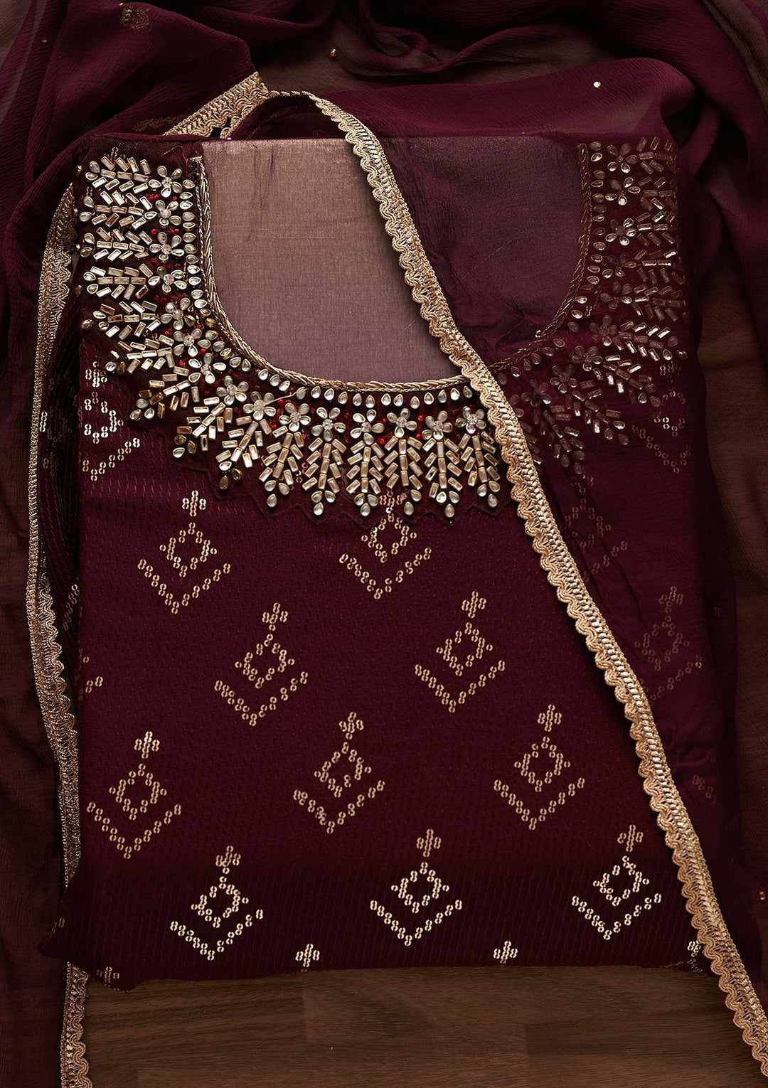 Wine Stonework Georgette Designer Unstitched Salwar Suit - Koskii