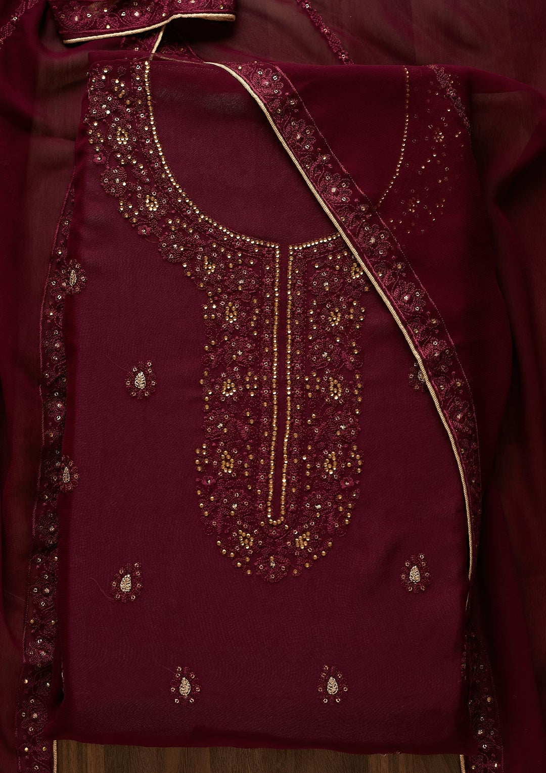 Wine Stonework Georgette  Unstitched Salwar Suit - Koskii