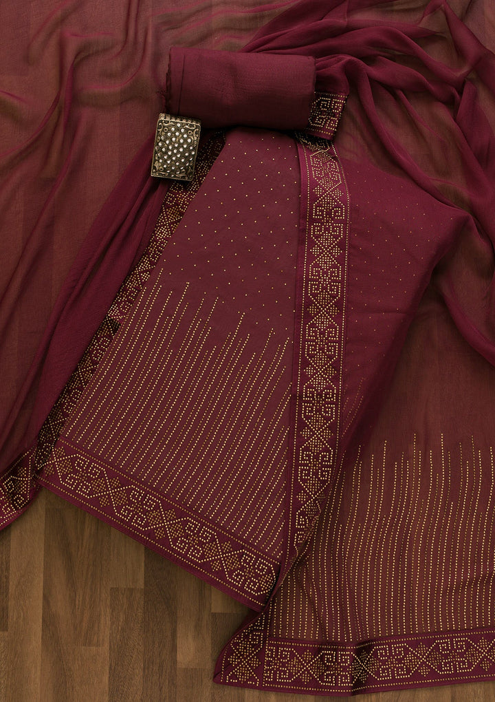 Wine Stonework Georgette Unstitched Salwar Kameez-Koskii