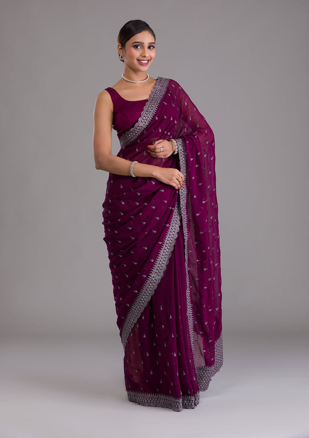 Wine Stonework Georgette Saree-Koskii