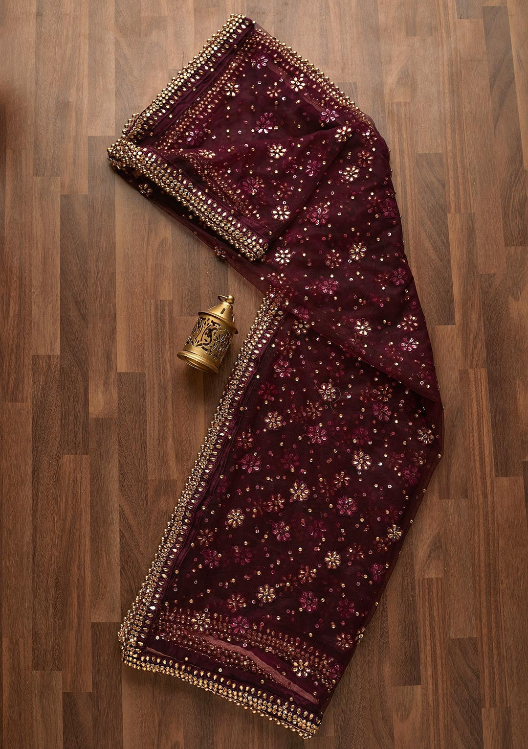 Wine Stonework Net Readymade Dupatta- Koskii