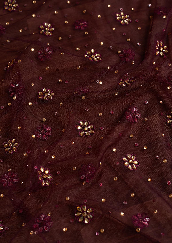 Wine Stonework Net Readymade Dupatta - Koskii