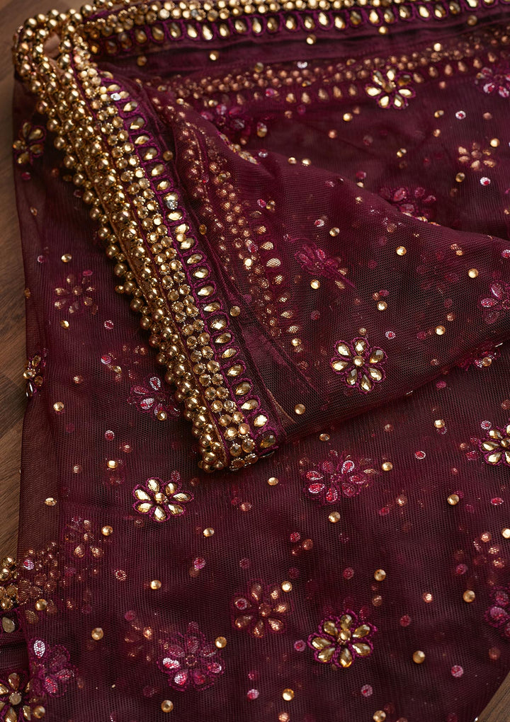 Wine Stonework Net Readymade Dupatta - Koskii