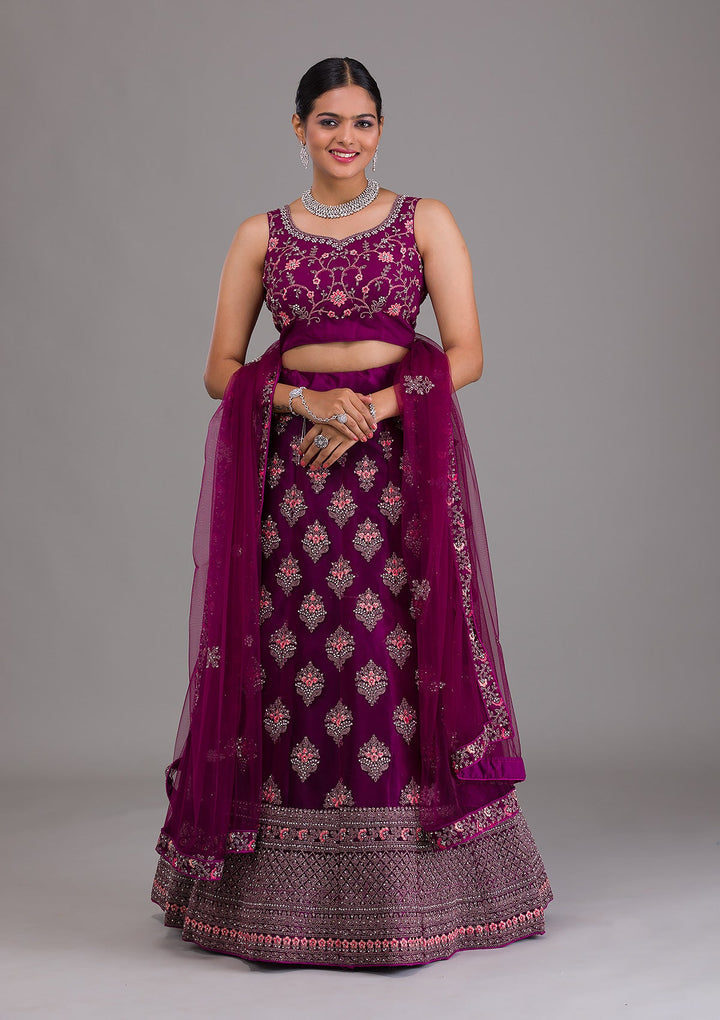 Wine Stonework Net Semi-Stitched Lehenga-Koskii