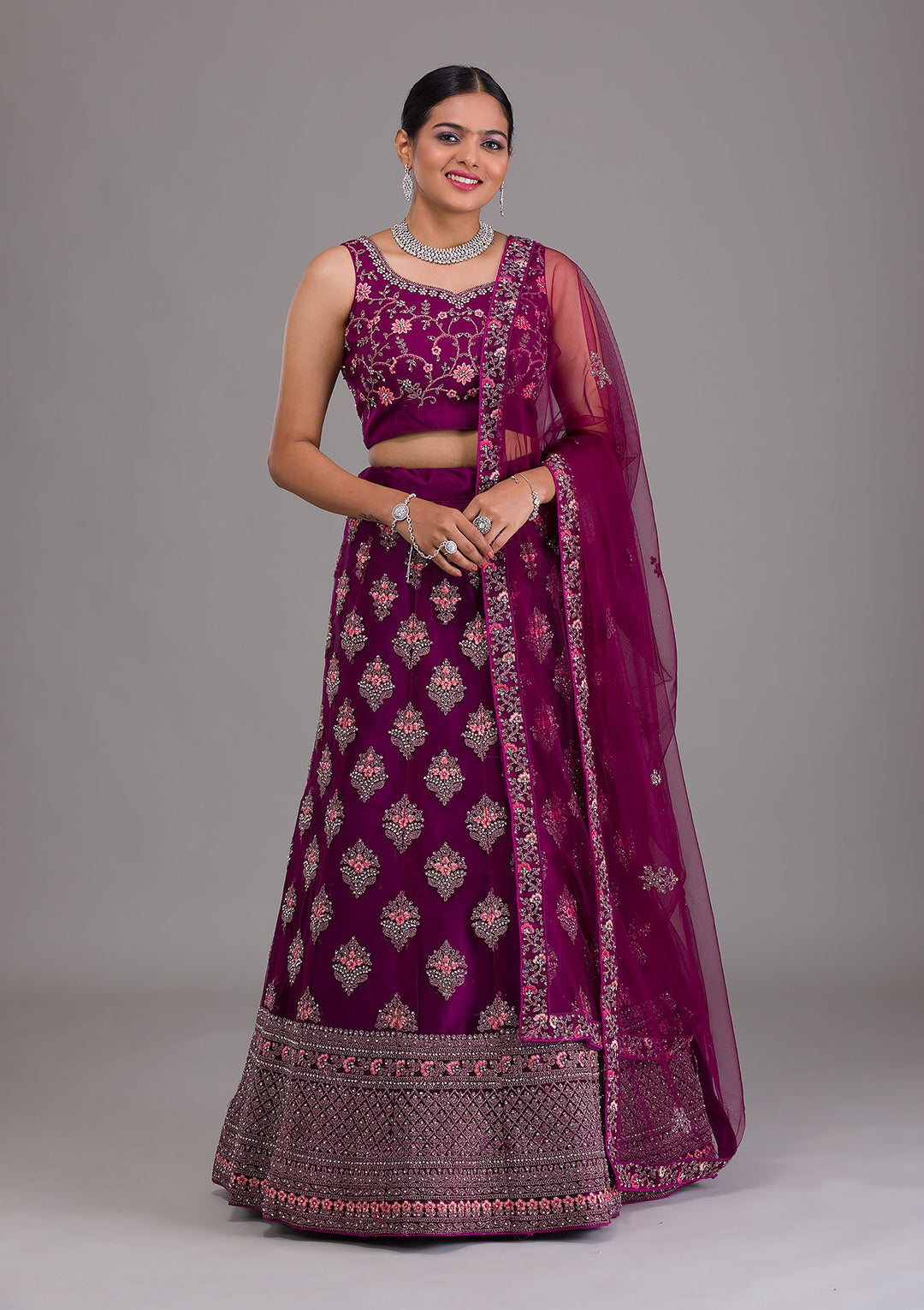 Wine Stonework Net Semi-Stitched Lehenga-Koskii