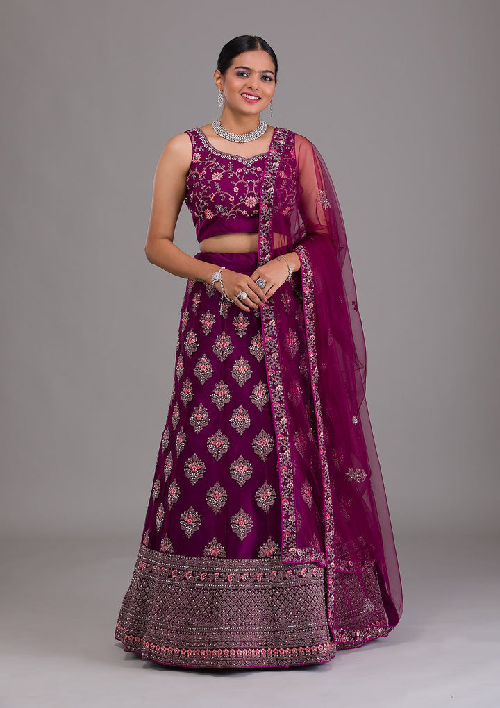 Wine Stonework Net Semi-Stitched Lehenga-Koskii