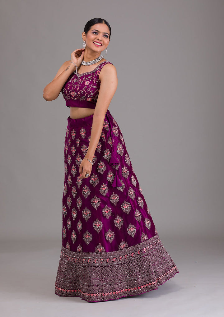 Wine Stonework Net Semi-Stitched Lehenga-Koskii