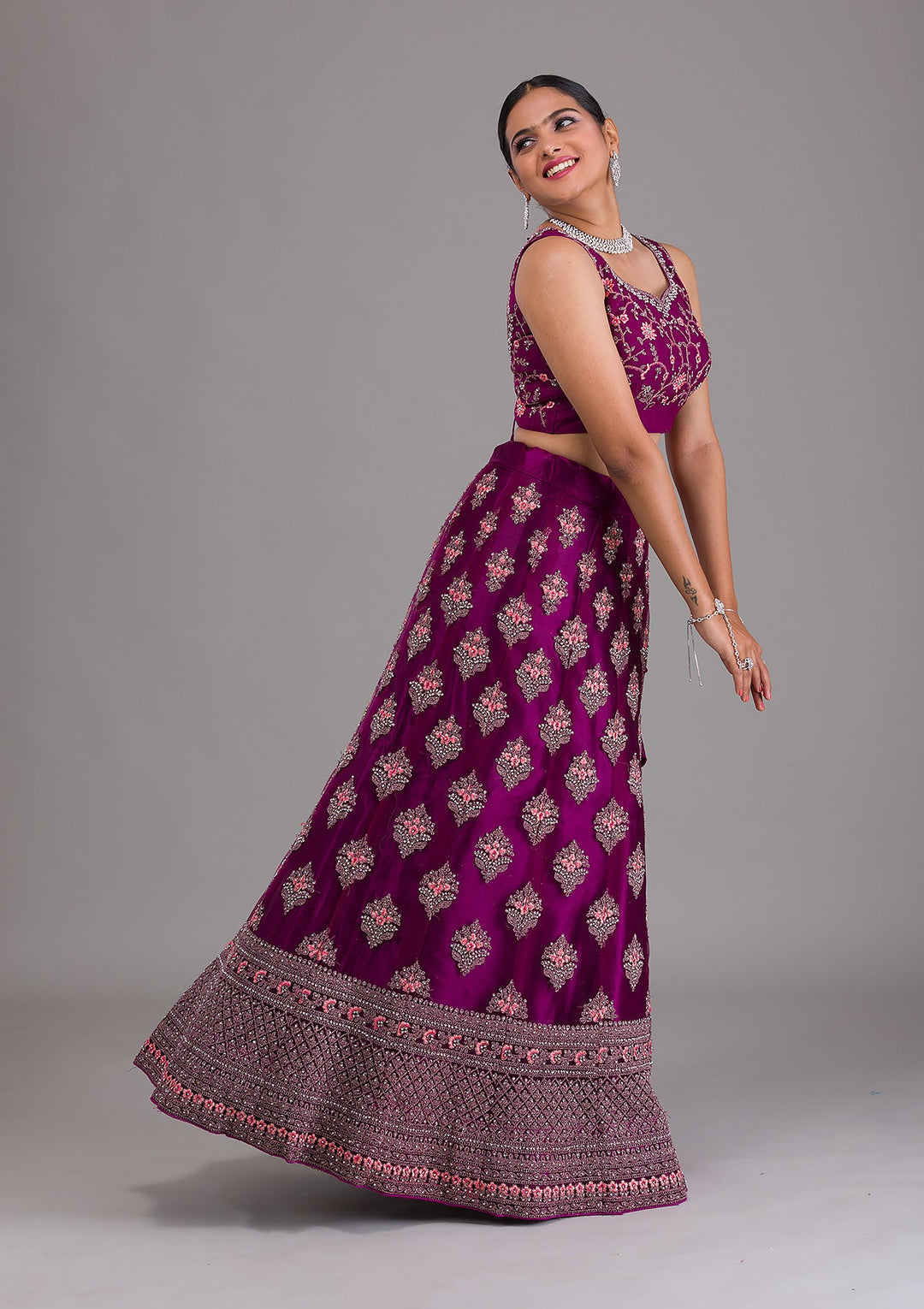 Wine Stonework Net Semi-Stitched Lehenga-Koskii