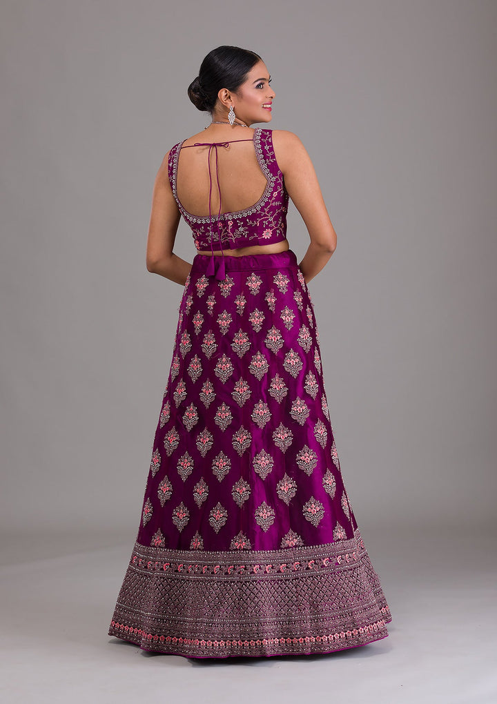 Wine Stonework Net Semi-Stitched Lehenga-Koskii