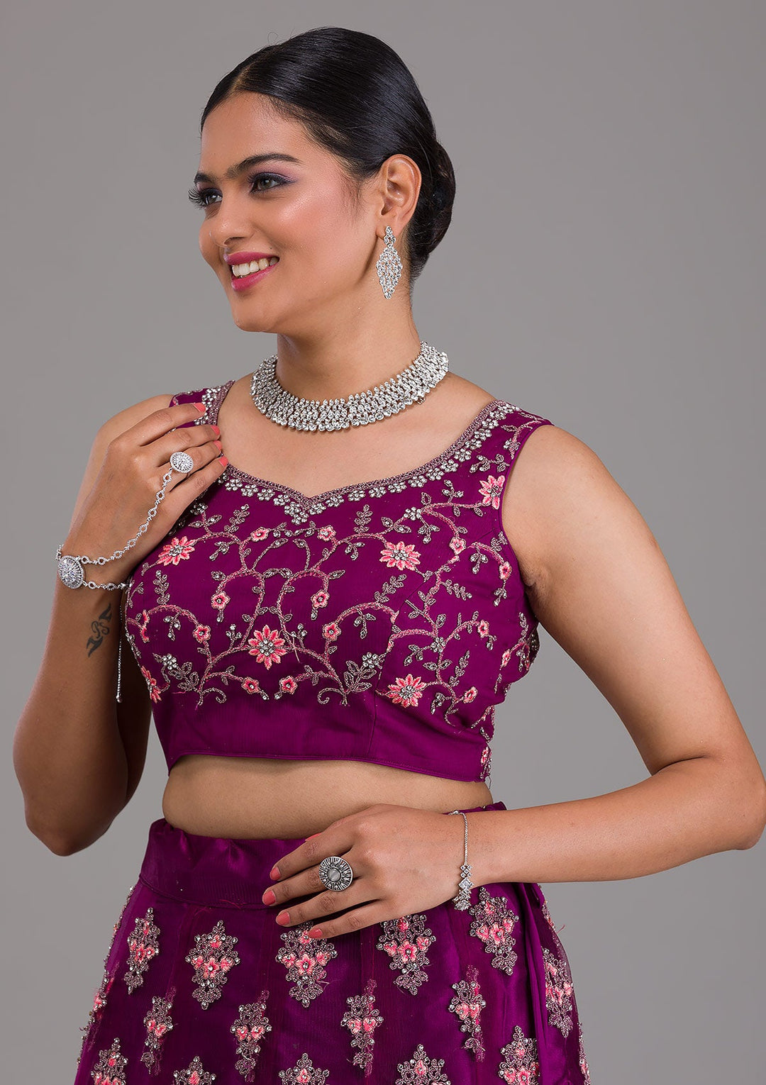 Wine Stonework Net Semi-Stitched Lehenga-Koskii