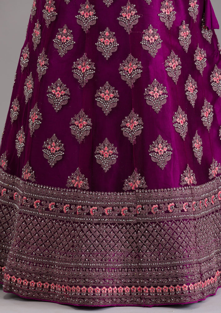 Wine Stonework Net Semi-Stitched Lehenga-Koskii