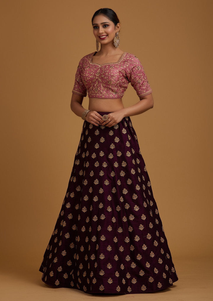 Wine Stonework Raw Silk Designer Lehenga - koskii