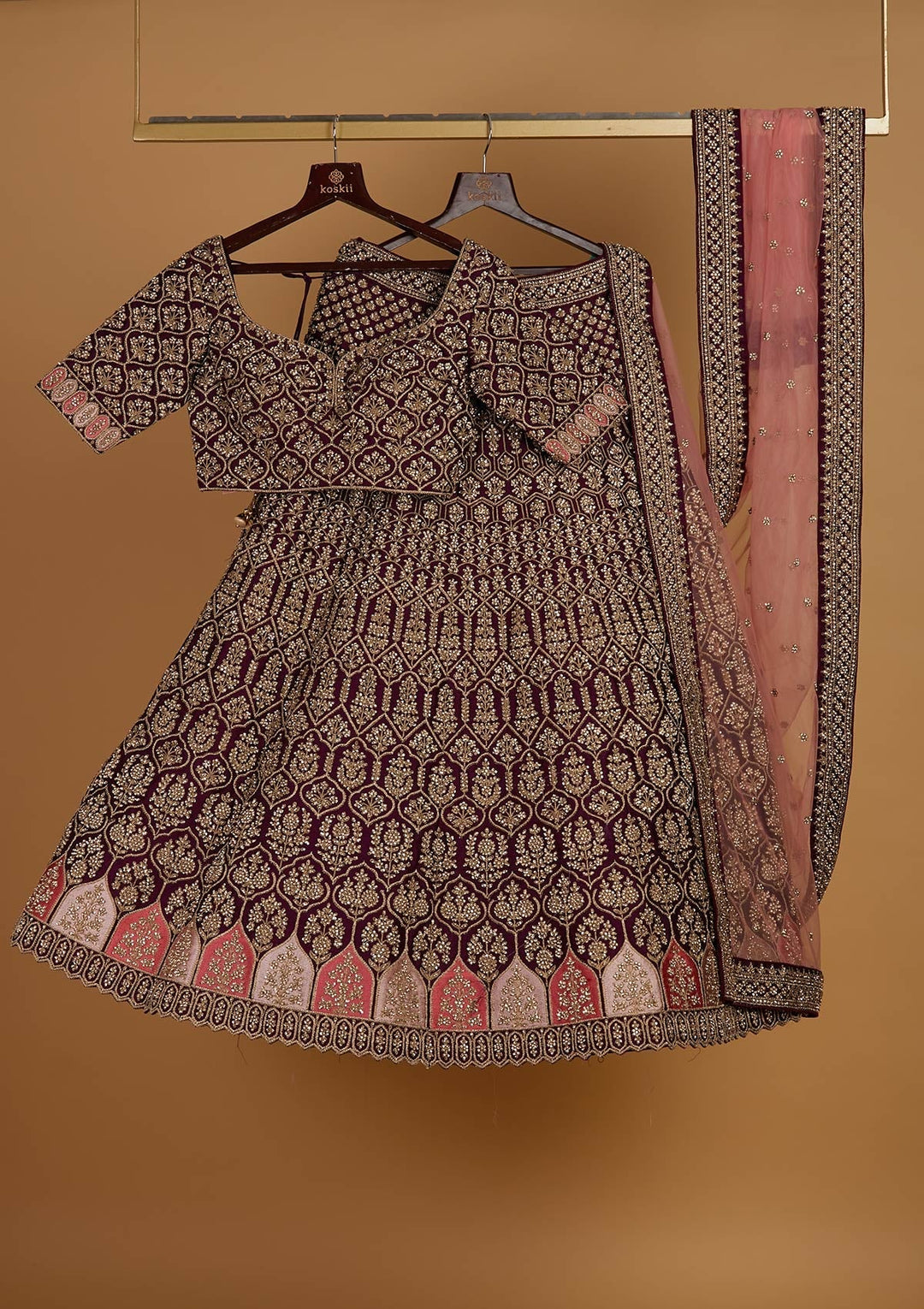 Wine Stonework Raw Silk Designer Readymade Lehenga - Koskii