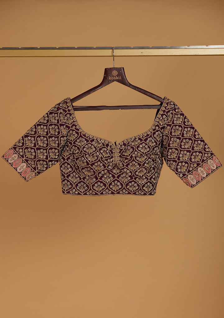 Wine Stonework Raw Silk Designer Readymade Lehenga - Koskii