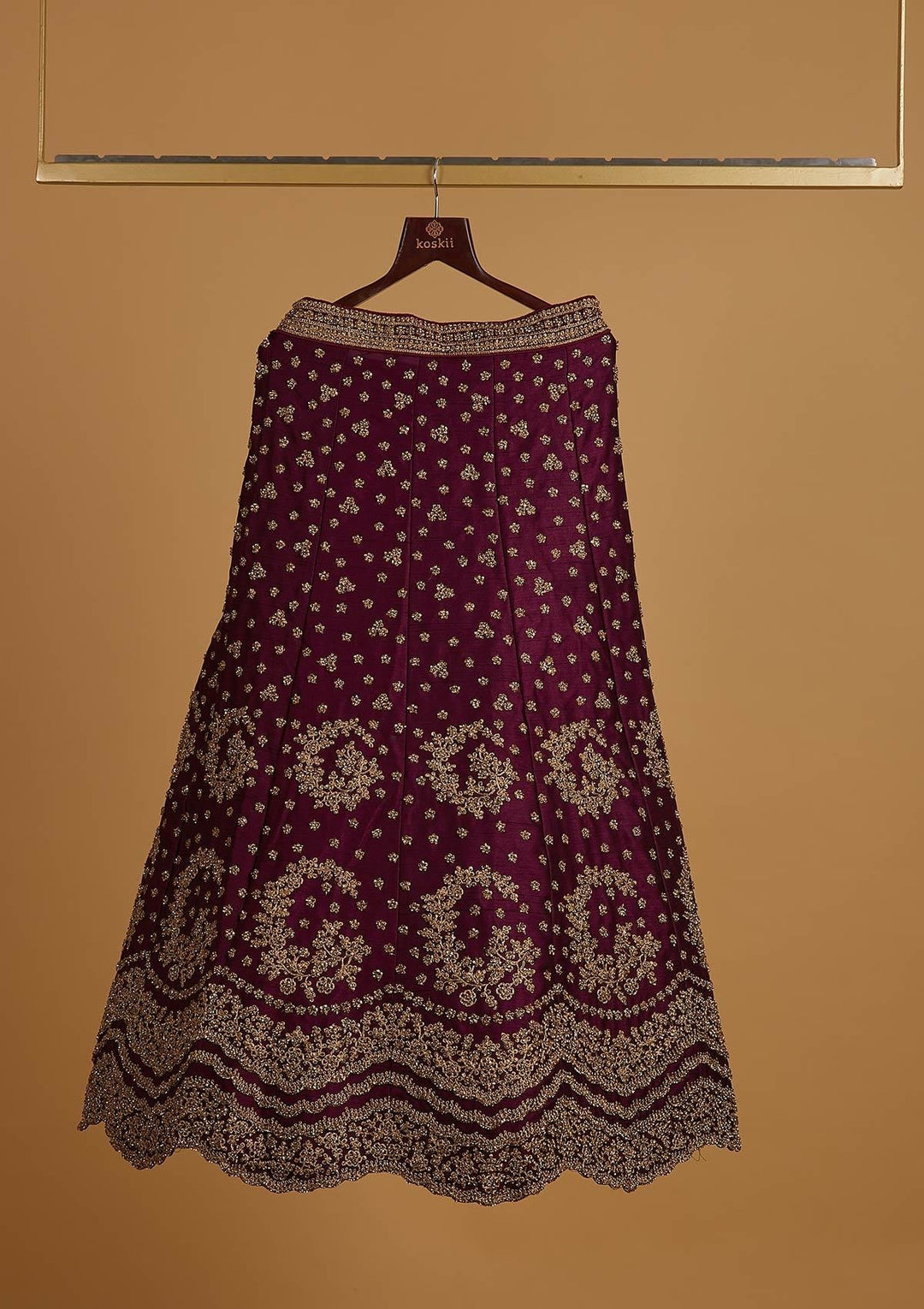 Wine Stonework Raw Silk Designer Semi-Stitched Lehenga - koskii