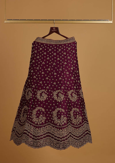 Wine Stonework Raw Silk Designer Semi-Stitched Lehenga - koskii