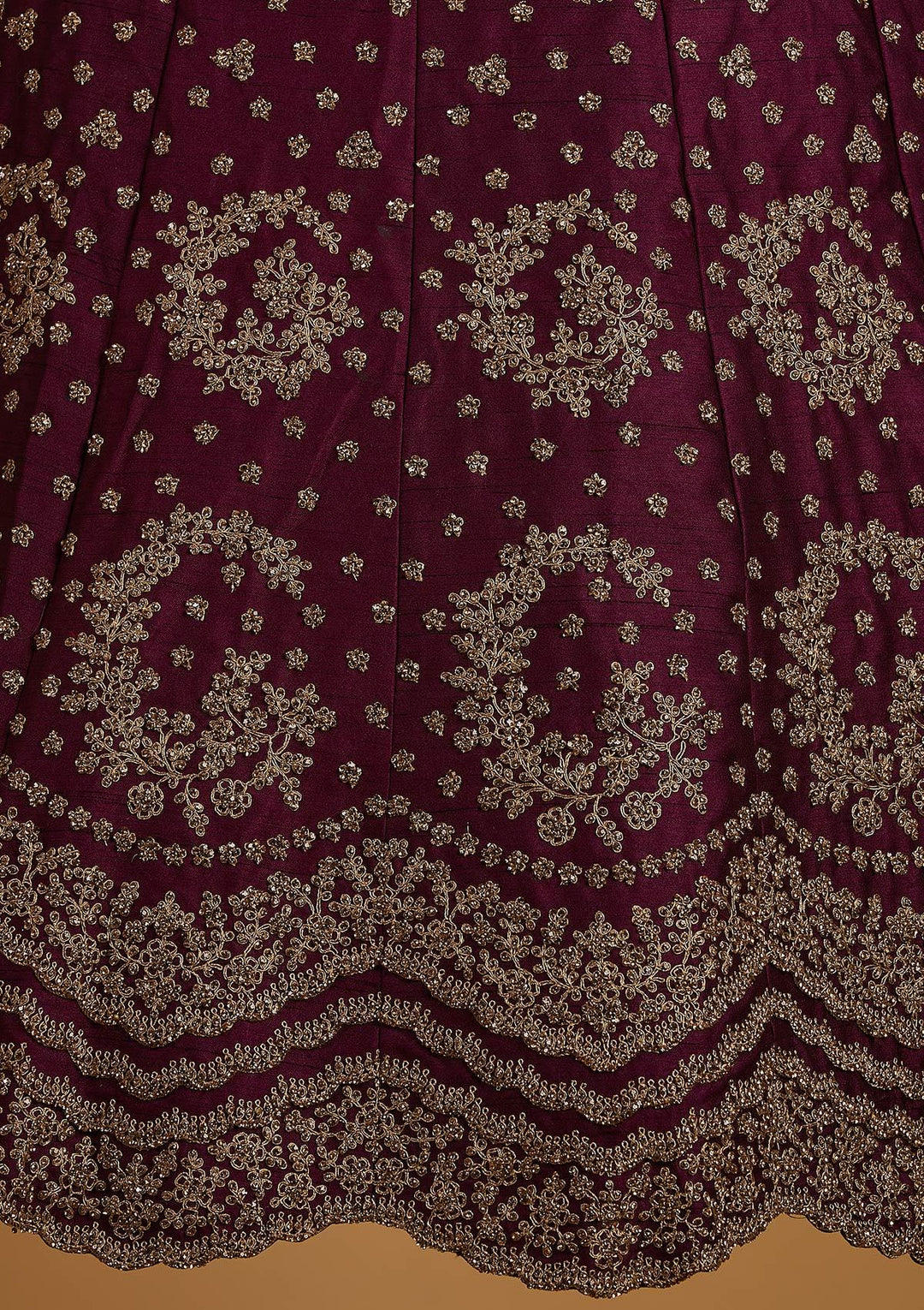 Wine Stonework Raw Silk Designer Semi-Stitched Lehenga - koskii