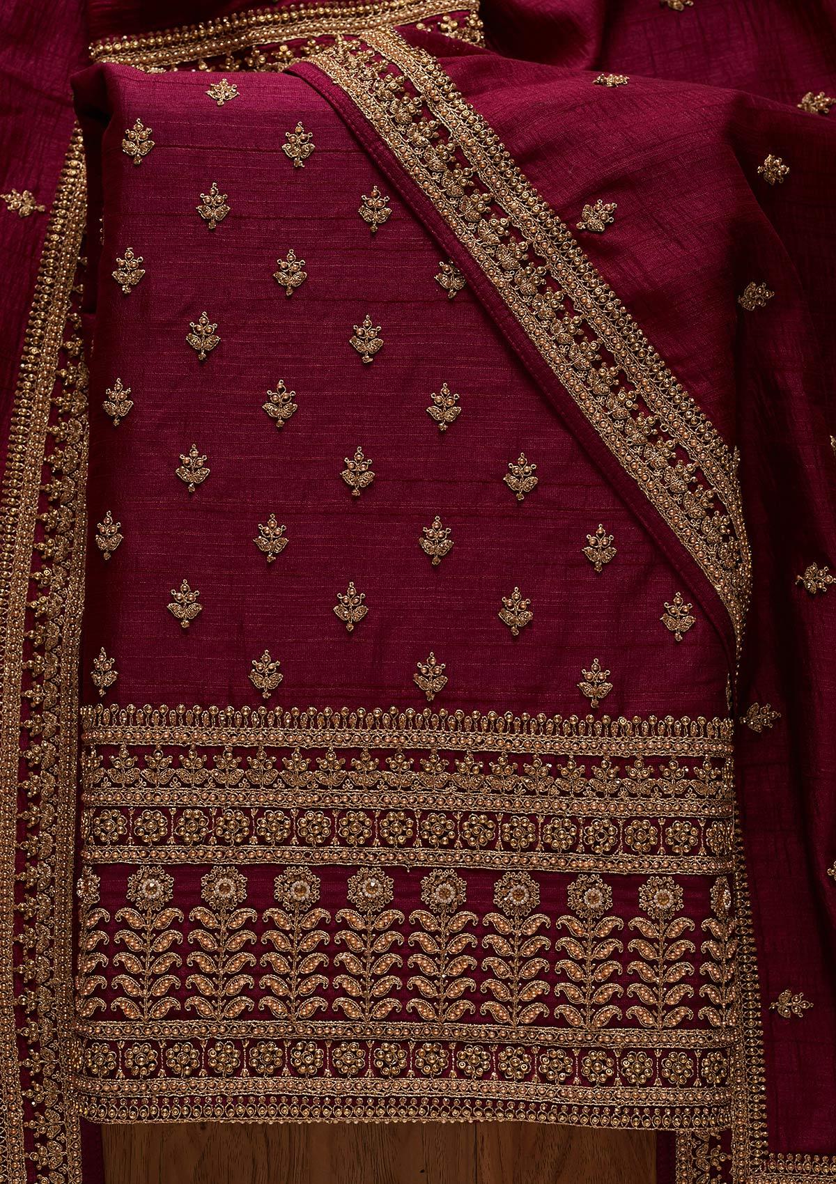Wine Stonework Raw Silk Designer Unstitched Salwar Suit - koskii
