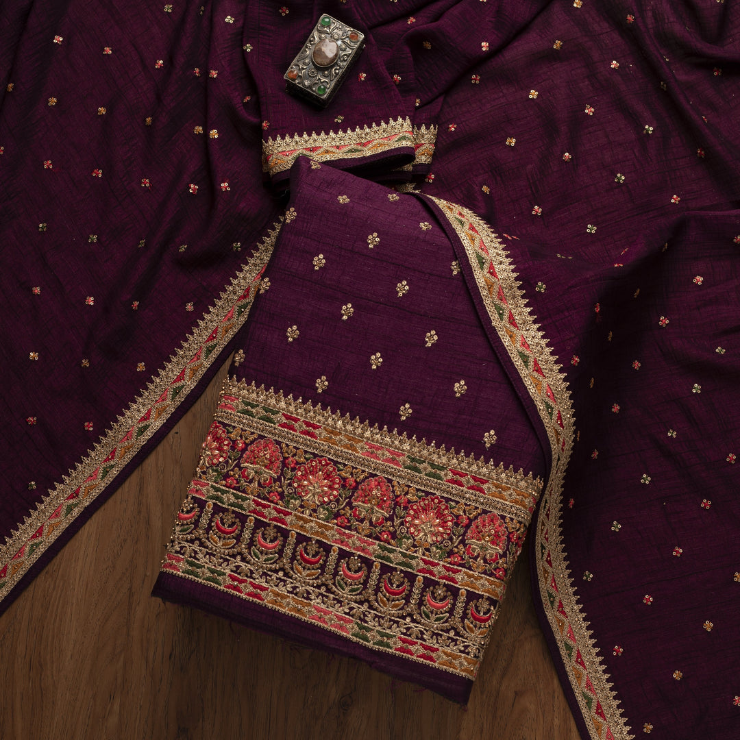 Wine Stonework Raw Silk Designer Unstitched Salwar Suit - koskii
