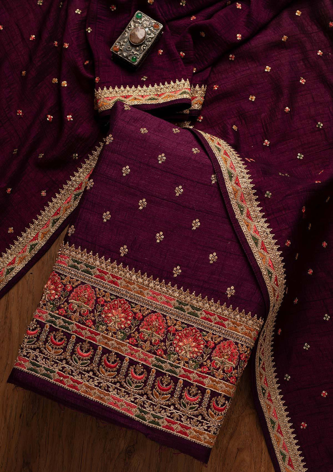 Wine Stonework Raw Silk Designer Unstitched Salwar Suit - koskii