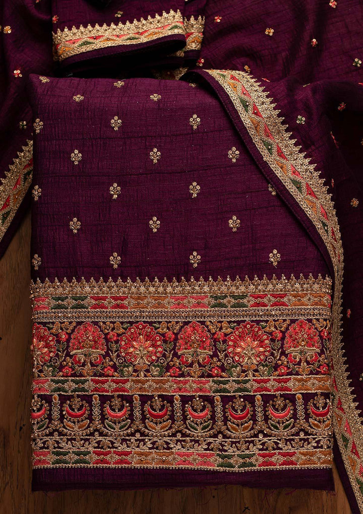 Wine Stonework Raw Silk Designer Unstitched Salwar Suit - koskii