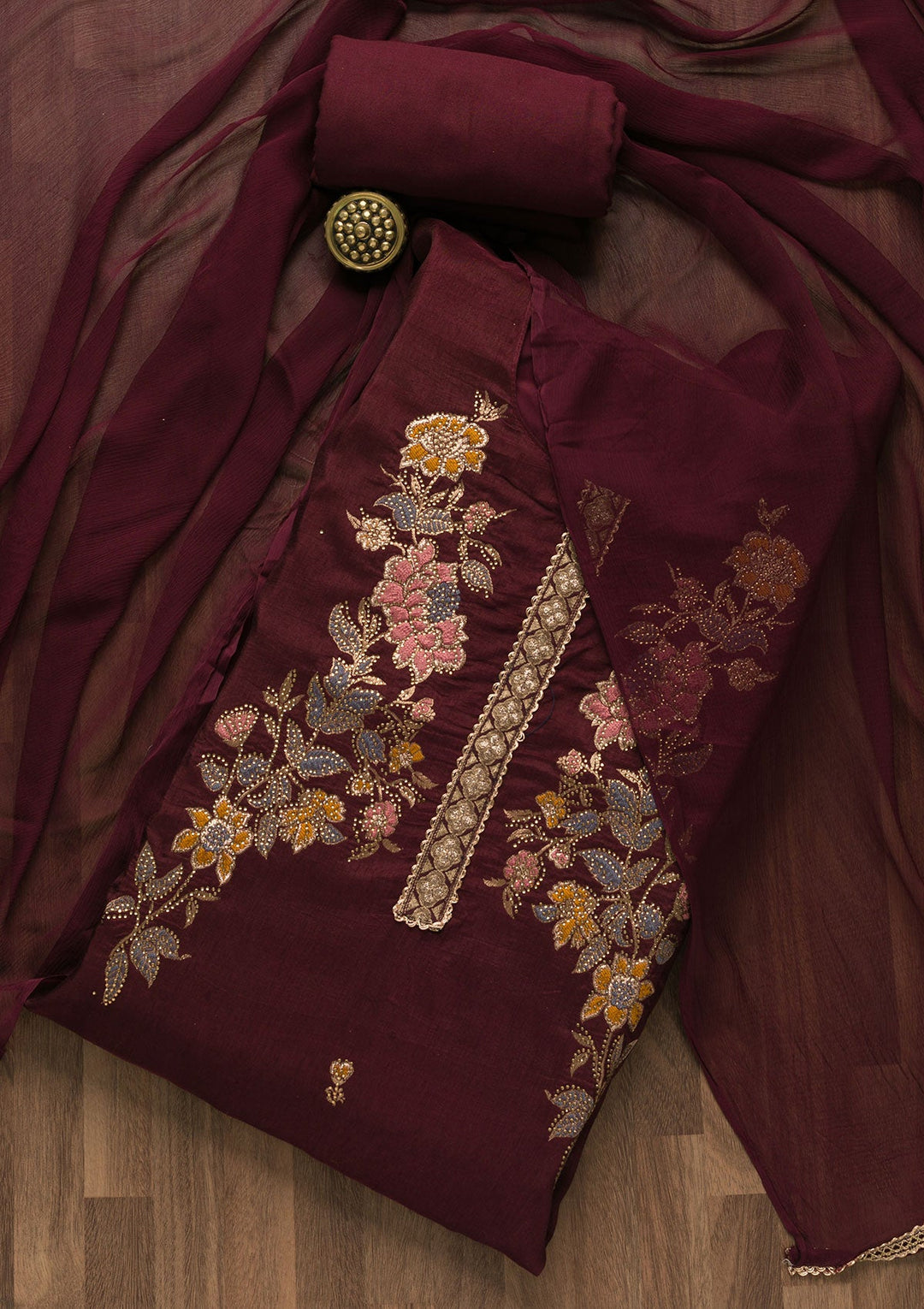 Wine Stonework Raw Silk Unstitched Salwar Suit-Koskii