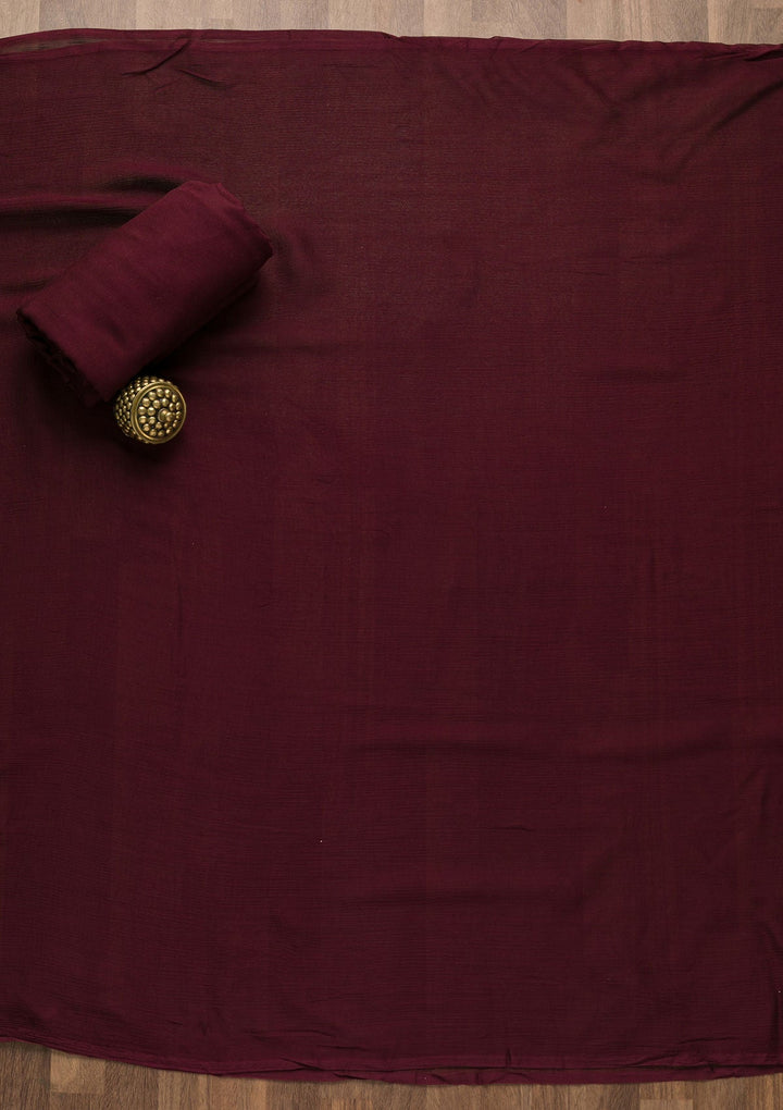 Wine Stonework Raw Silk Unstitched Salwar Suit-Koskii