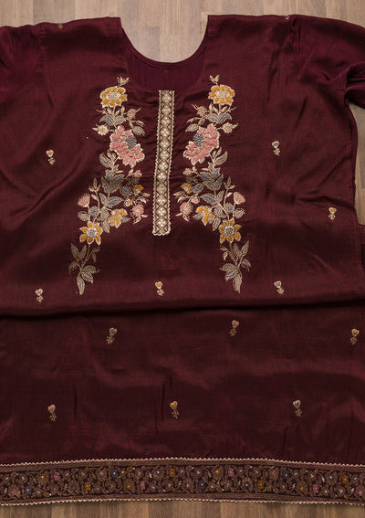 Wine Stonework Raw Silk Unstitched Salwar Suit-Koskii