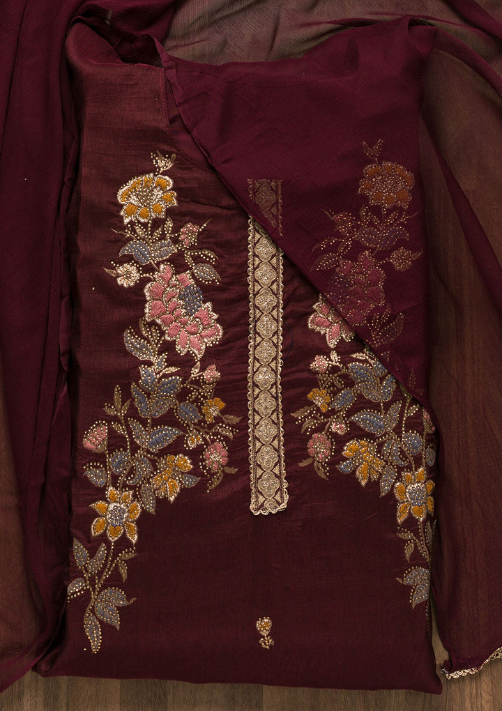 Wine Stonework Raw Silk Unstitched Salwar Suit-Koskii