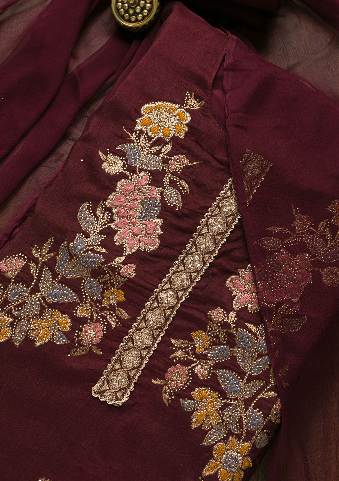 Wine Stonework Raw Silk Unstitched Salwar Suit-Koskii