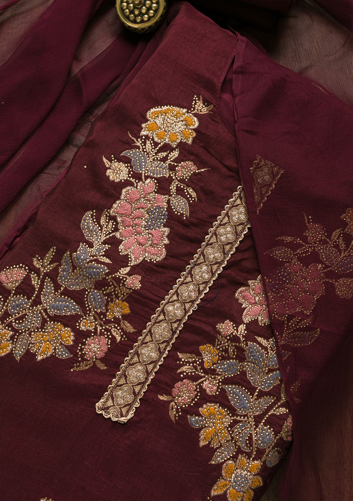 Wine Stonework Raw Silk Unstitched Salwar Suit-Koskii