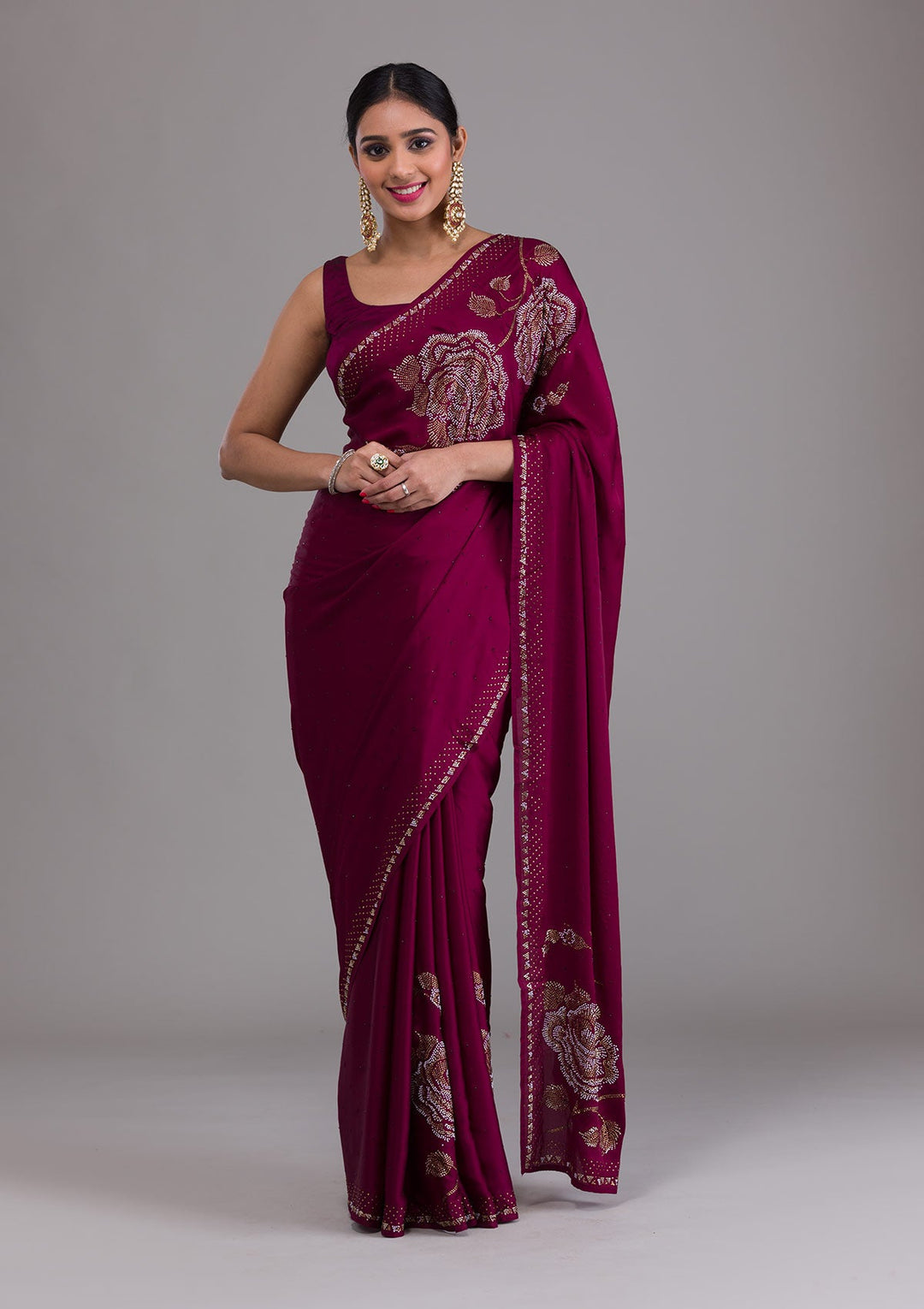 Wine Stonework Satin Saree-Koskii